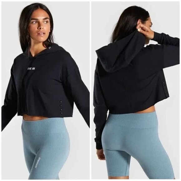 Gymshark Power Down Cropped Hoodie Sweatshirt Black Athletic Lounge Sz S - Picture 1 of 11